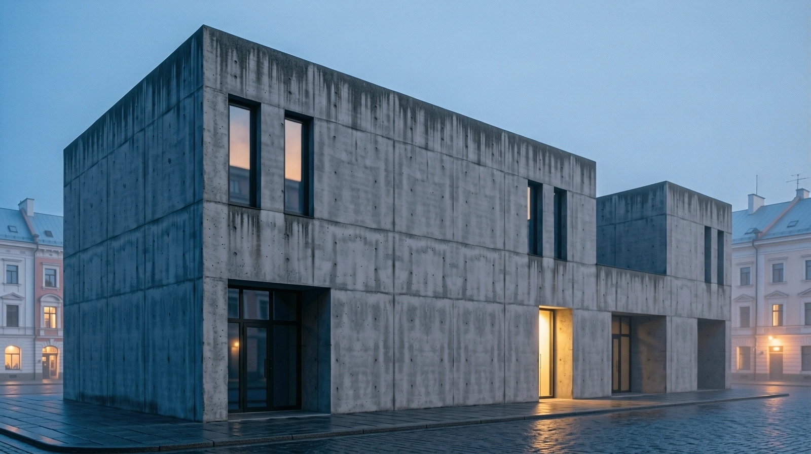Modernistinė architektūra Vilniuje ryto šviesoje